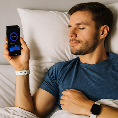 Sportlicher Mann liegt im Bett und trackt seinen Schlaf mit dem Smartphone – moderne Schlafanalyse und Regeneration für bessere Erholung.