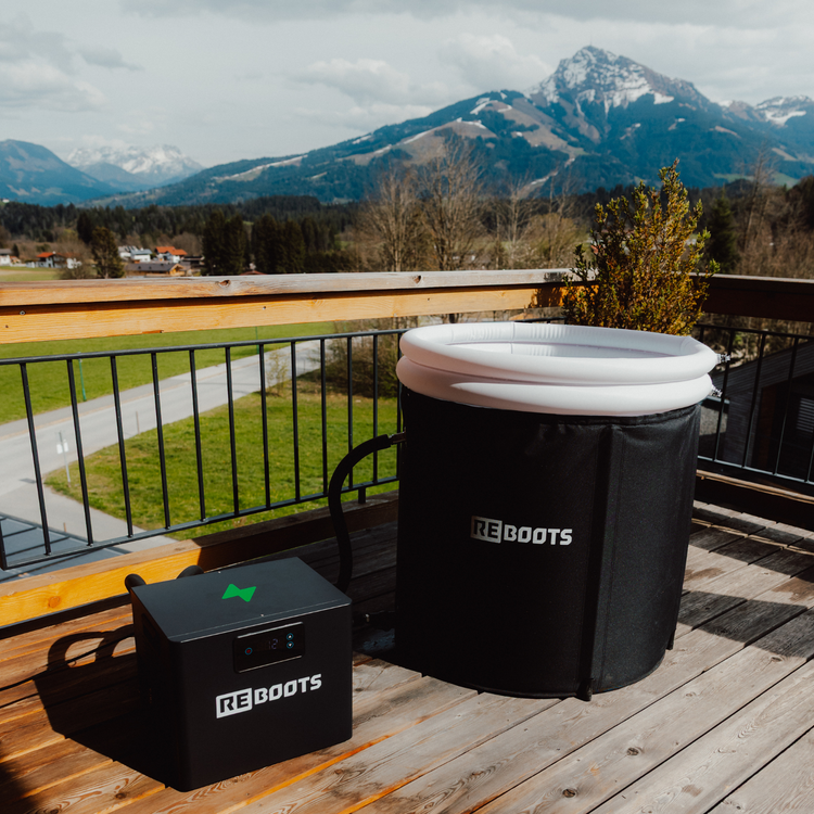 Reboots: Icetub Chiller auf Balkon vor Bergpanorama