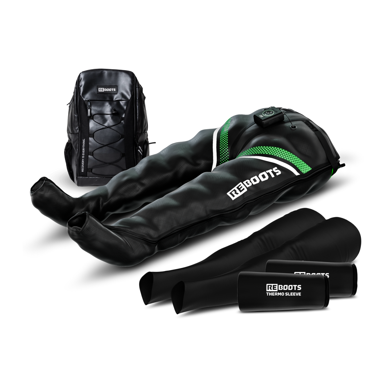 Reboots: presoterapia deportiva con batería GO X, junto a la mochila y los manguitos térmicos de pierna completa.