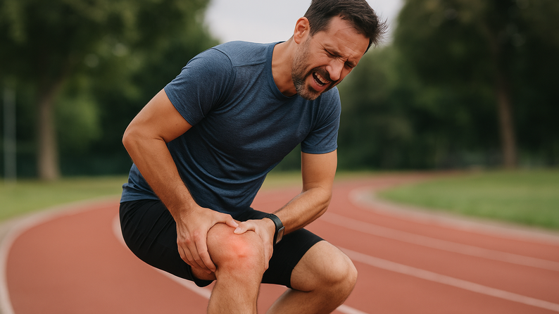 Sportler auf der Laufbahn mit schmerzverzerrtem Gesicht hält sich das Knie – deutliche Anzeichen einer Muskelzerrung nach dem Lauftraining.