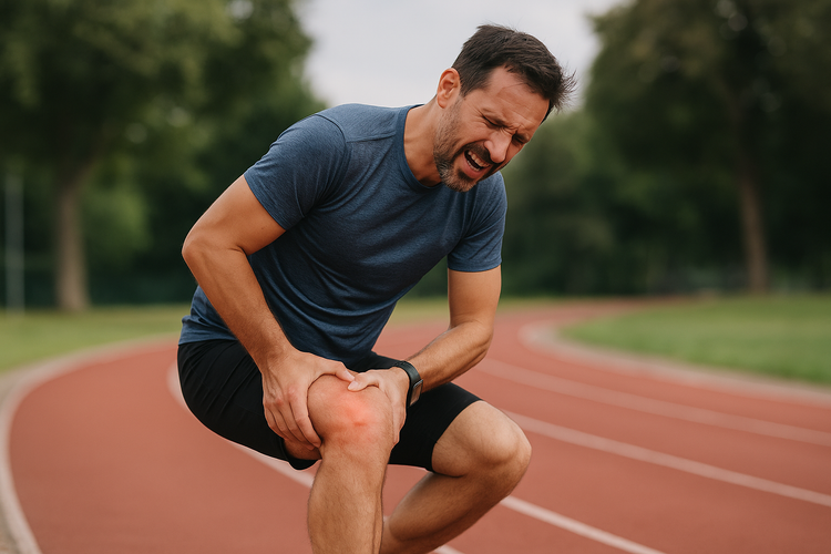 Sportler auf der Laufbahn mit schmerzverzerrtem Gesicht hält sich das Knie – deutliche Anzeichen einer Muskelzerrung nach dem Lauftraining.