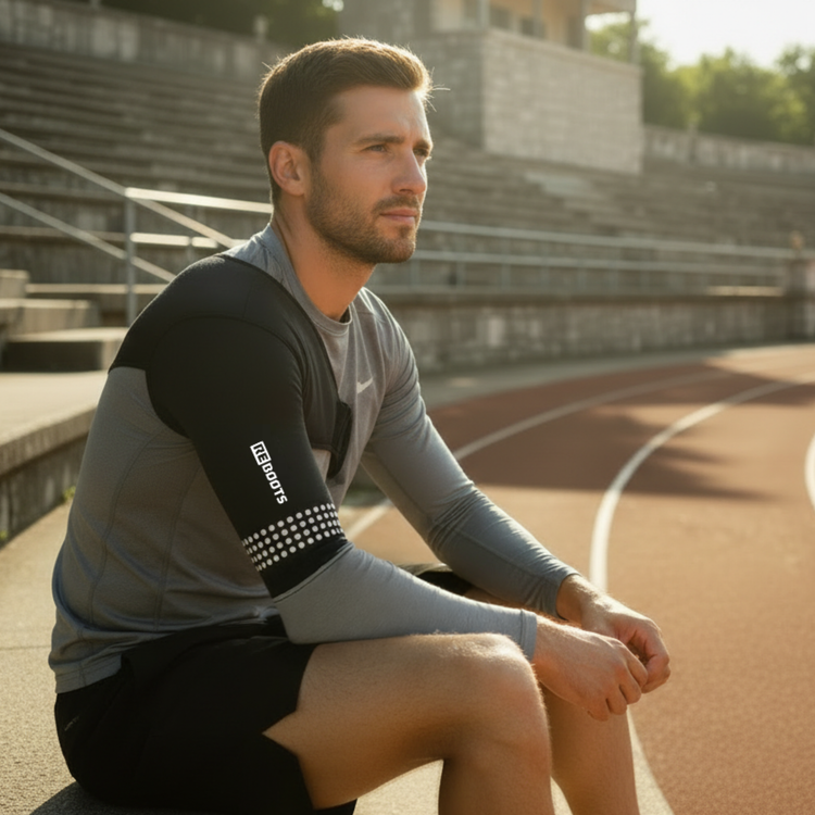 Sportler mit Reboots Thermo Sleeve Shoulder und sitzt auf Laufbahn – gezielte Wärmeunterstützung und Kälteunterstützung  für Schulter und Muskulatur.