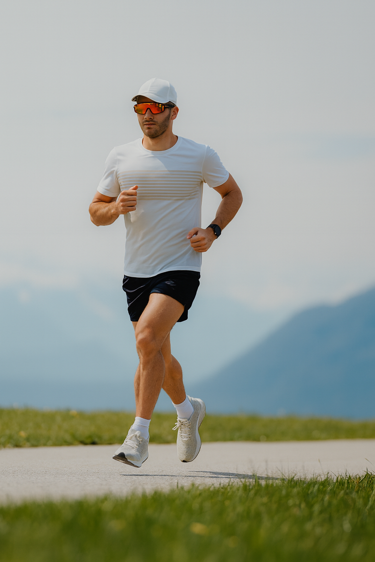 Triathlet absolviert eine Lauftrainingseinheit in bergiger Landschaft mit klarer Sicht auf die Alpen im Hintergrund.