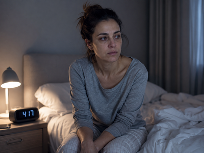 Übermüdete Frau sitzt nachts wach im Bett bei Schlafproblemen