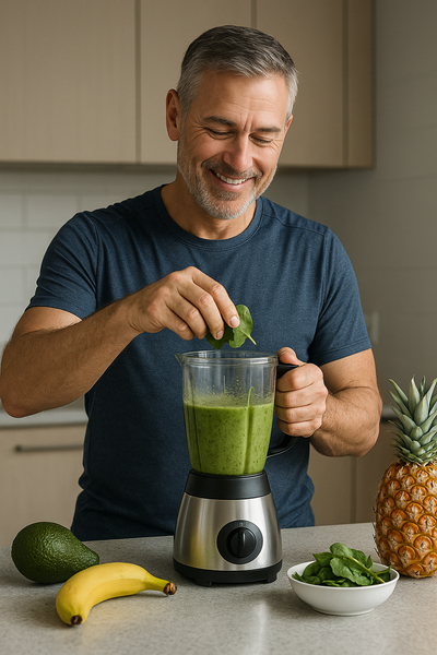 Älterer sportlicher Mann bereitet sich einen gesunden Smoothie vor. 