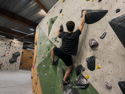 Boulderer klettert an bunten Griffen in der Kletterhalle