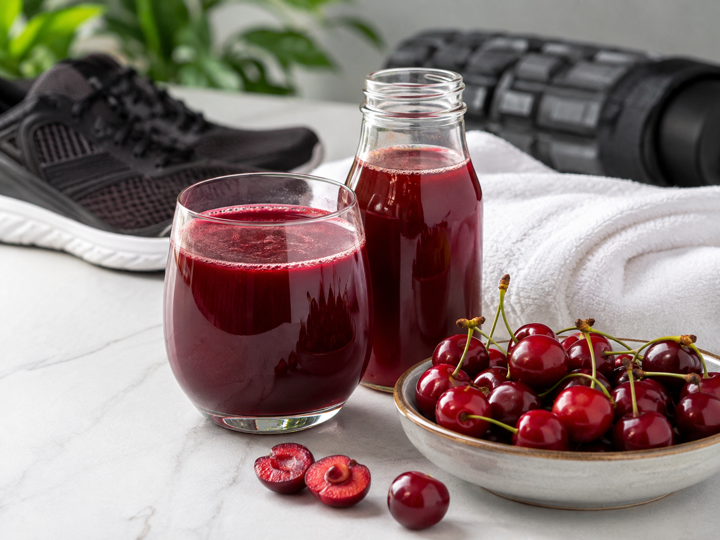 Sauerkirschsaft mit frischen Kirschen neben Laufschuhen und Faszienrolle zur Regeneration nach dem Training