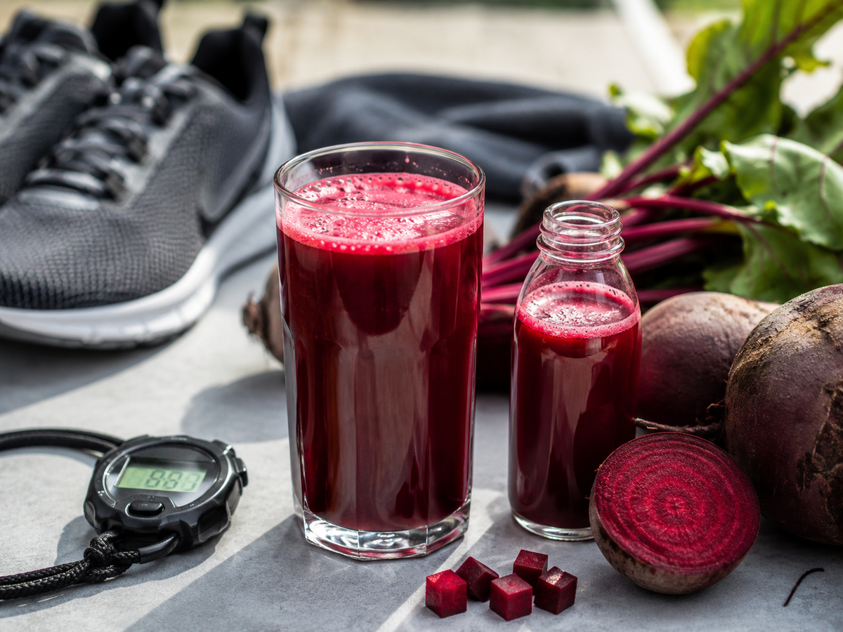 Rote-Bete-Saft neben Laufschuhen und Stoppuhr als natürliches Recovery-Getränk nach dem Sport