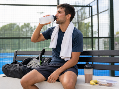 Padel-Spieler trinkt nach dem Match auf der Bank am Padel-Court und regeneriert sich