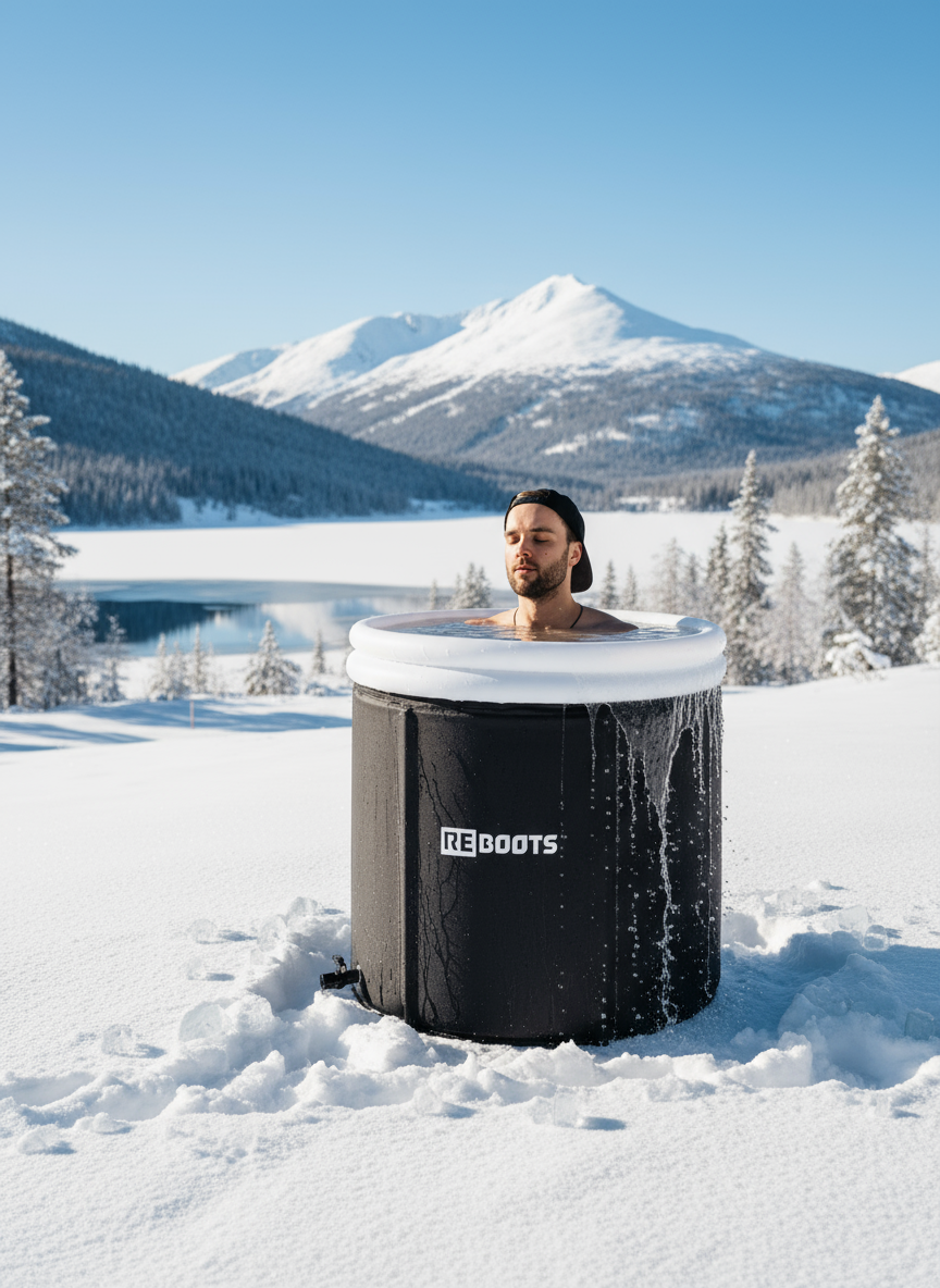 Mann nimmt ein Kältebad im Reboots Ice Tub in verschneiter Winterlandschaft mit Bergen und gefrorenem See im Hintergrund.