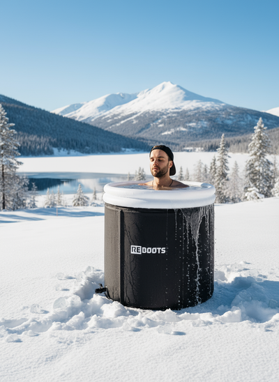 Mann nimmt ein Kältebad im Reboots Ice Tub in verschneiter Winterlandschaft mit Bergen und gefrorenem See im Hintergrund.