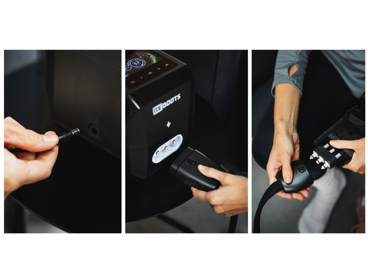 Anleitung zur Anwendung des Reboots Cryo One Systems – Anschließen des Netzteils, Verbindung mit der Steuereinheit und Befestigung der Kühlmanschette für gezielte Kältetherapie und Regeneration.