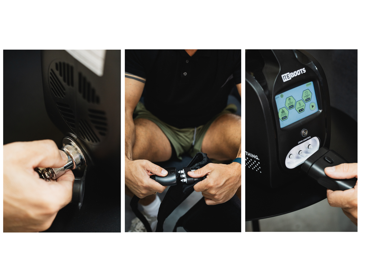 Schritt-für-Schritt-Anwendung des Reboots Cryo Pro Geräts – Anschluss der Manschette, Verbindung der Schläuche und Start der Kälte- und Kompressionstherapie über das Display.