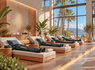 Reboots Recovery-Angebot im Resort: Kompressionsboots auf Wellness-Liegen