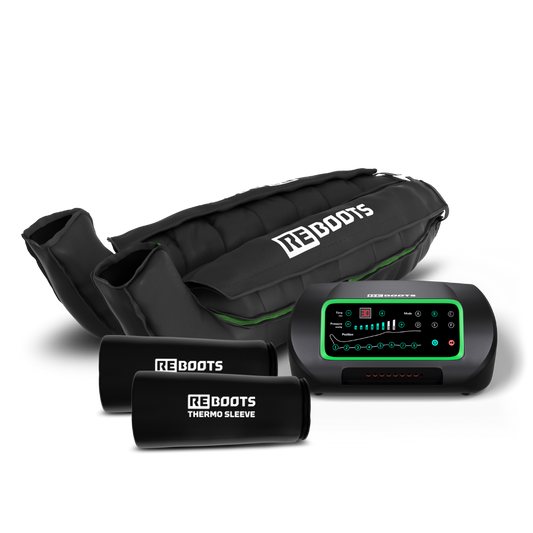 Reboots: Sport-Pressotherapiegerät One, 8 Kammern, 6 Massageprogramme, 240 mmHg, lange Hosen und Thermomanchetten.