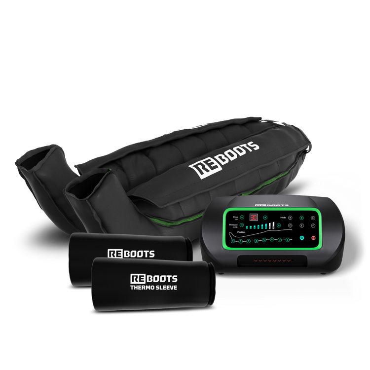 Reboots: Sport-Pressotherapiegerät One, 8 Kammern, 6 Massageprogramme, 240 mmHg, lange Hosen und Thermomanchetten.