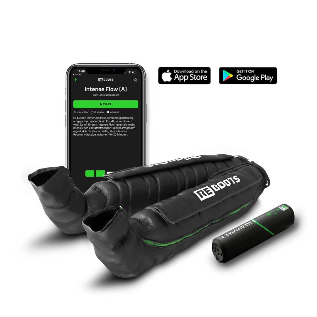 Reboots: Presoterapia Go Lite, 4 cámaras con pants completos o botas, 7 programas de masaje, conexión bluetooth y app.