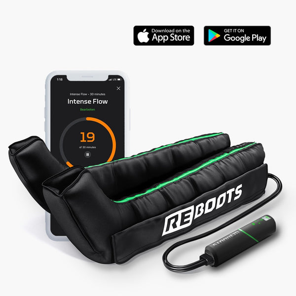 Reboots: Equipo de presoterapia deportiva Go Lite con batería, 4 cámaras, 7 programas de masaje, 180 mmHg de presión, botas, conexión bluetooth y APP.