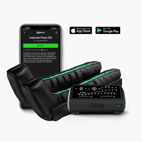 Reboots: Equipo de presoterapia deportiva One PRO con batería, 12 cámaras, 8 programas de masaje, 240 mmHg de presión, botas, conexión bluetooth y APP.